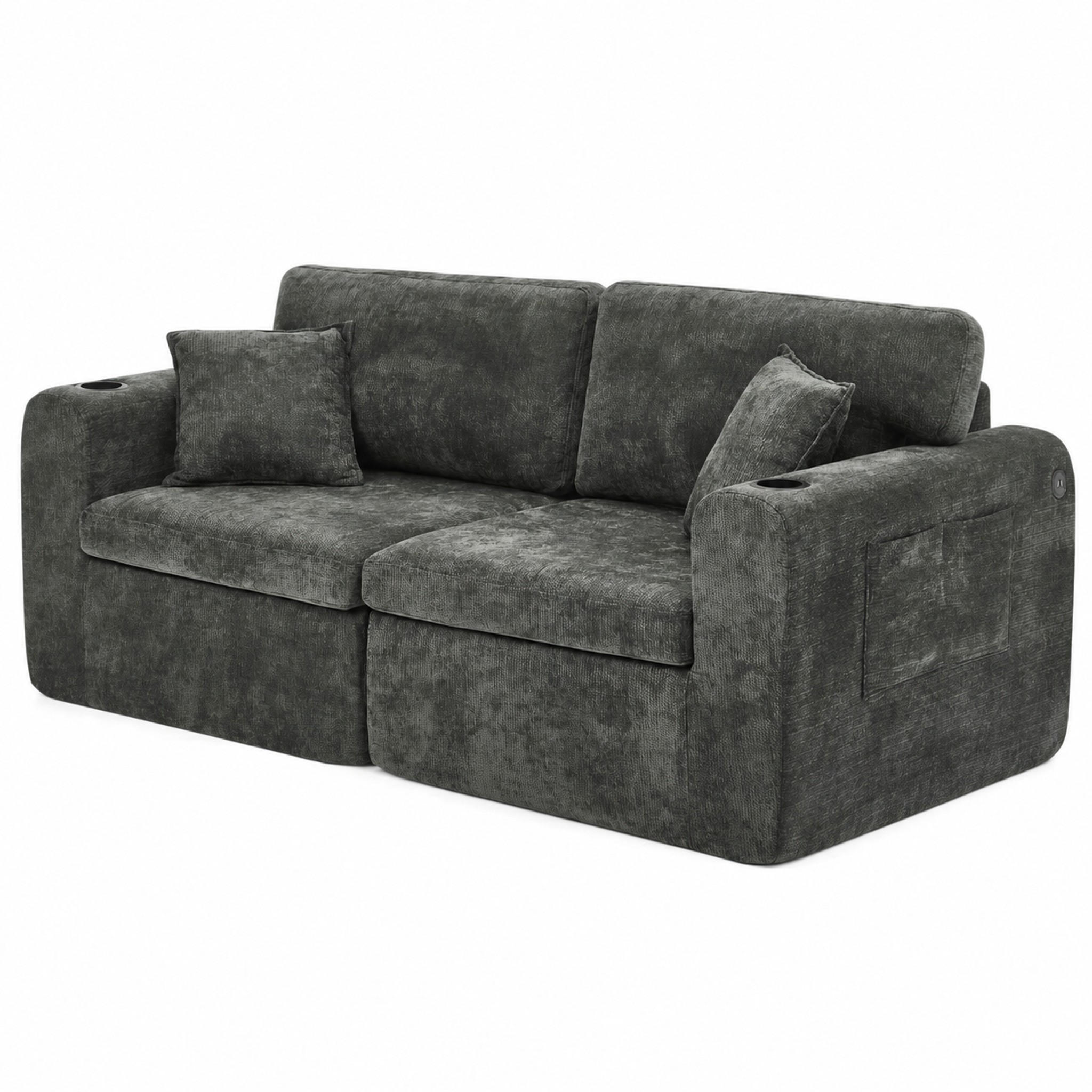 2-SITZER-RELAXSOFA mit Getränkehalter und Tasche, Chenille Schwarz - Schwarz, Kunststoff (220/89/100cm) - Meubliv