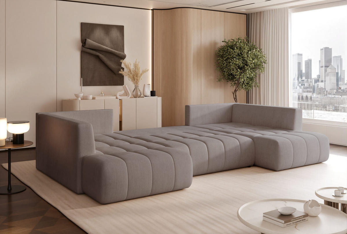 WOHNLANDSCHAFT STONE mit Schlaffunktion und Bettkasten, Stoff Beige-Grau - Grau, Kunststoff/Textil (350/91/190cm) - Idohome