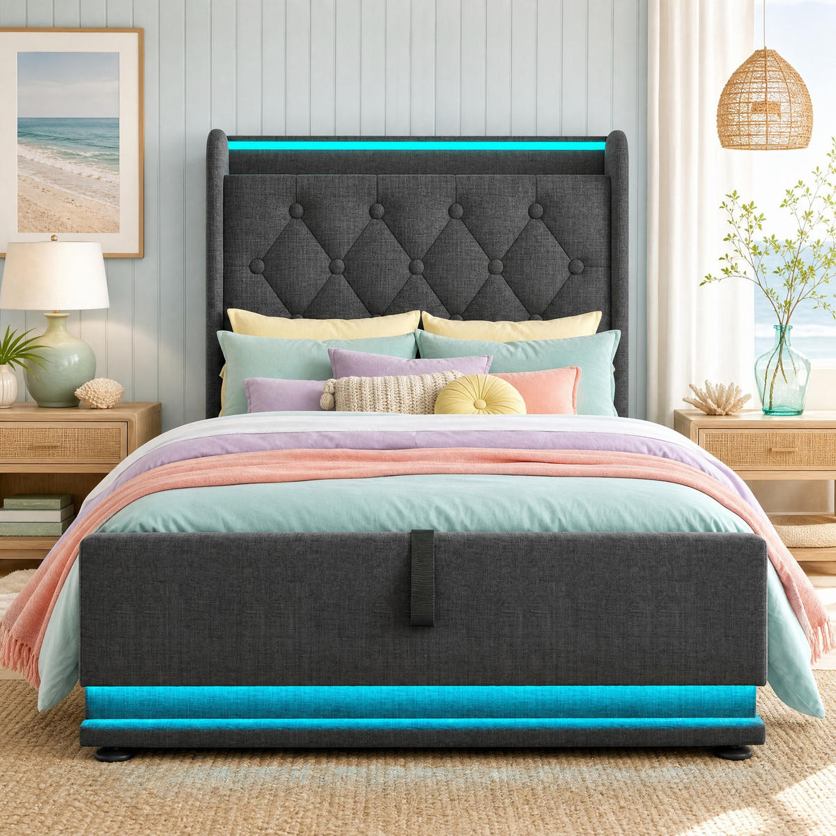 POLSTERBETT 90/200 mit Bettkasten, LED-Beleuchtung, USB und Type-C in Grau - Grau, Holzwerkstoff/Textil (90/200cm) - EVRYAE