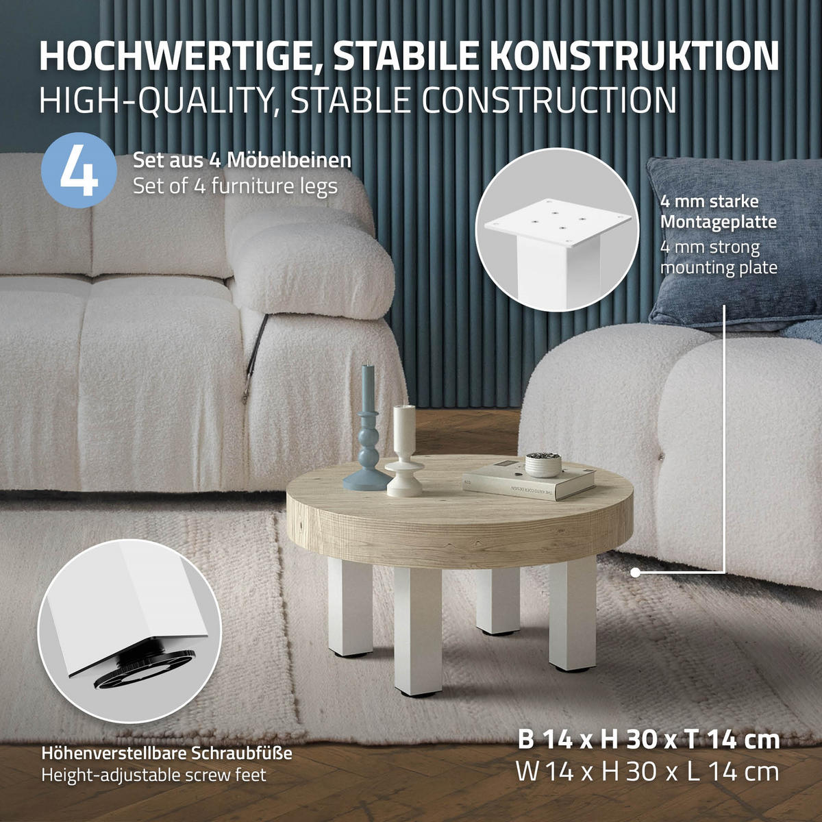 TISCHBEINE 4er Set I-Design H:30 cm Weiß 8x8 cm - Weiß, Metall (8/30/8cm) - ML-DESIGN