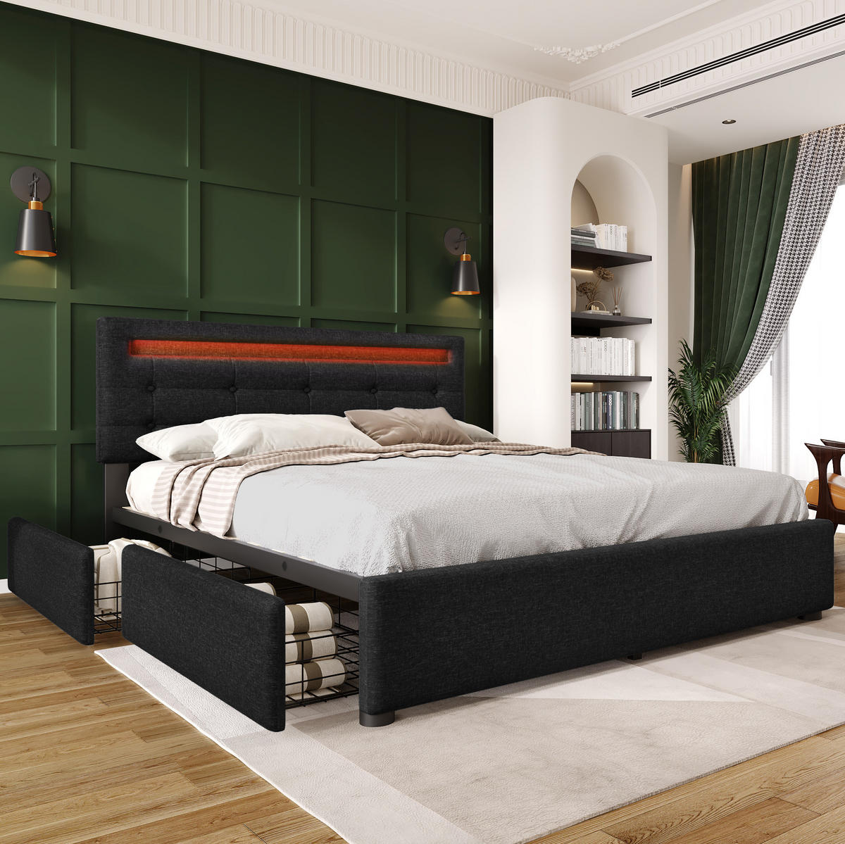 POLSTERBETT aus Leinen 140x200 cm in Schwarz mit LED-Beleuchtung & 4 Schubladen - Schwarz, Textil (140/200cm) - Modfu
