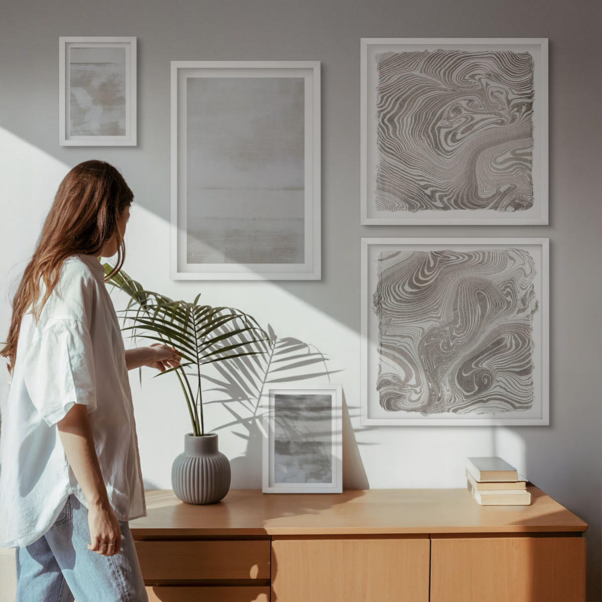 BILDER SET 5er Set - 50x50 cm & 20x30 cm & 40x60 cm Weißer Rahmen - Abgenutzte Texturen, moderner Stil - Weiß, Kunststoff (40/60cm) - TULUP
