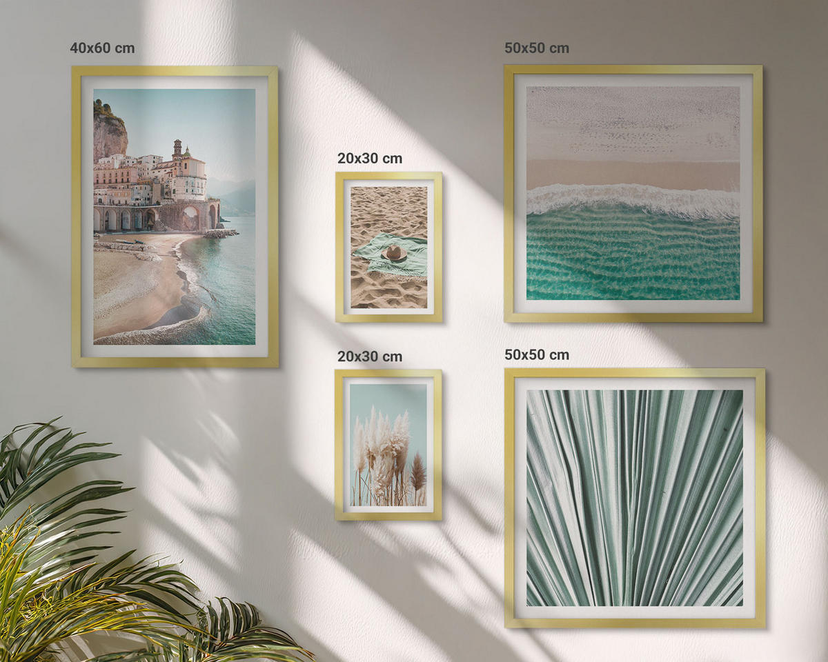 BILDER SET 5er Set - 50x50 cm & 20x30 cm & 40x60 cm Goldrahmen - Strandwellen Grashut - Goldfarben, Kunststoff (40/60cm) - TULUP