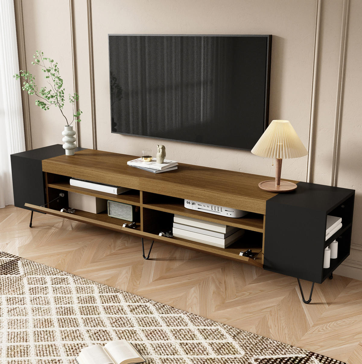 TV-LOWBOARD 180/36/43 cm in Schwarz und Holzoptik mit 2 Türen - Schwarz, Holzwerkstoff (180/43/36cm) - Flora Grace