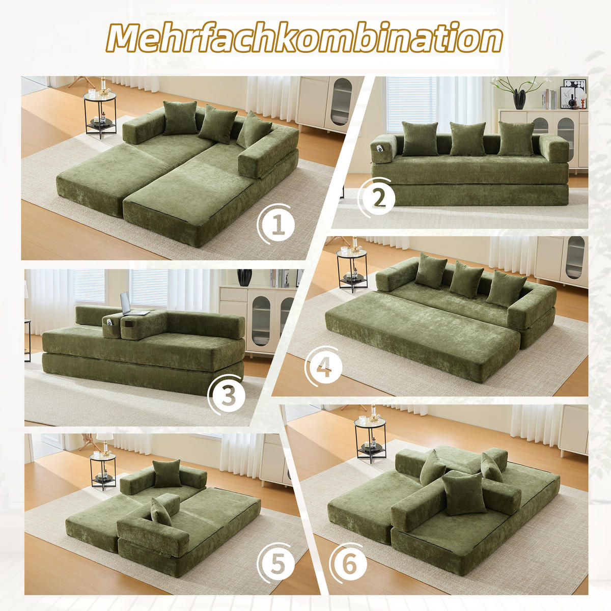 SCHLAFSOFA 198/79/60 cm Grün mit Aufbewahrungstaschen - Grün, Textil (198/60/79cm) - Oxeza