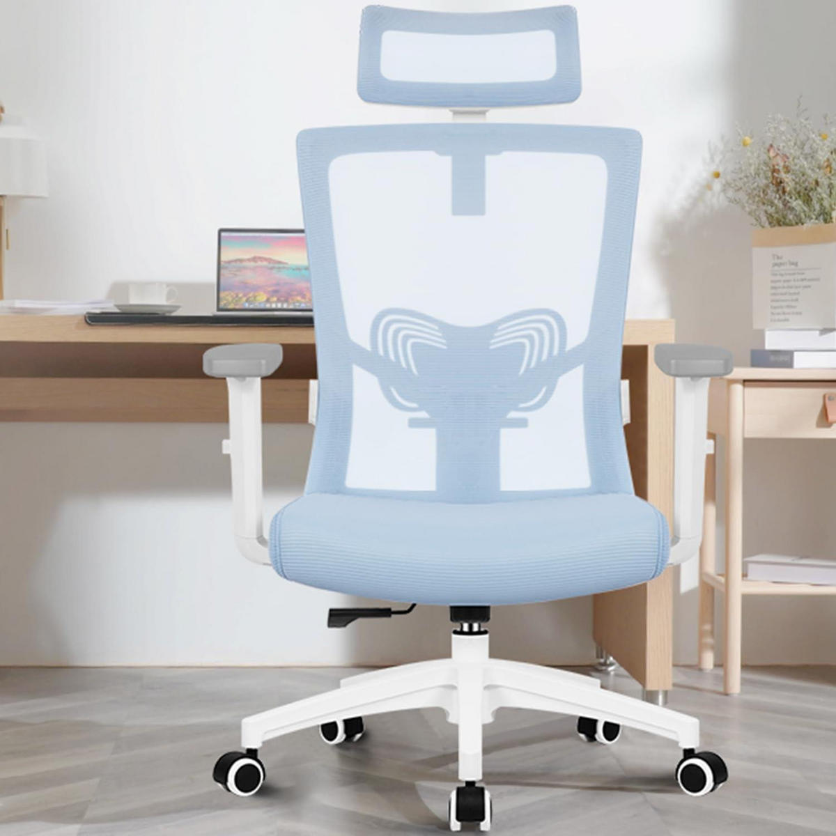 BÜROSTUHL Ergonomisch mit Kopfstütze und Lendenwirbelstütze Blau - Hellblau, Textil (70/128/70cm)