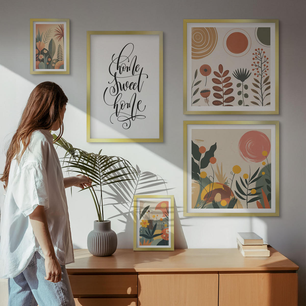 BILDER SET 5er Set - 50x50 cm & 20x30 cm & 40x60 cm Goldrahmen - Pastellfarbene Pflanzenmuster - Goldfarben, Kunststoff (40/60cm) - TULUP