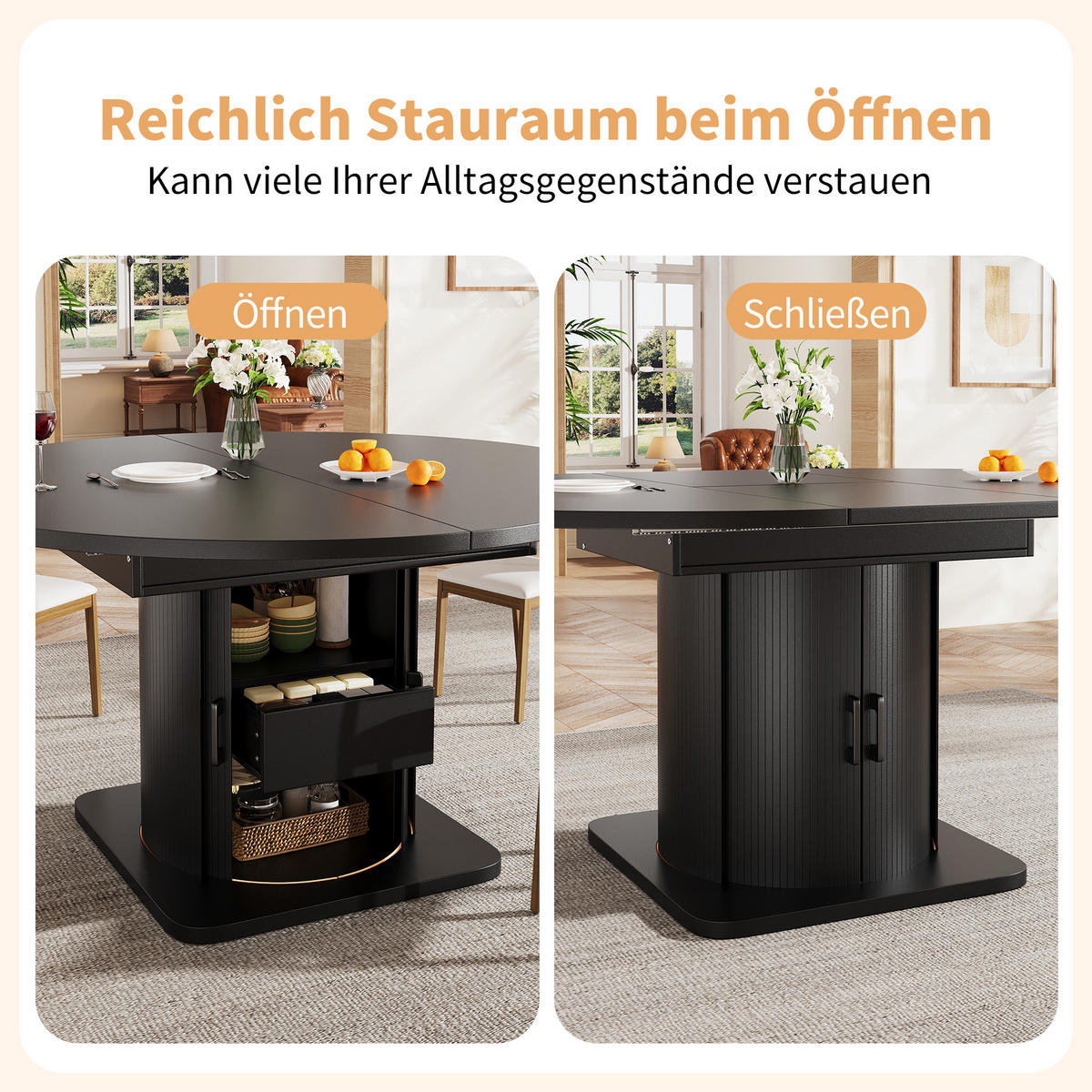 ESSTISCH in Schwarz Runder Küchentisch mit 118-158 ausziehbarer Tisch und Schubladen, 118-158/118/76cm - Schwarz, Holzwerkstoff (118/118/76cm) - STILVORA