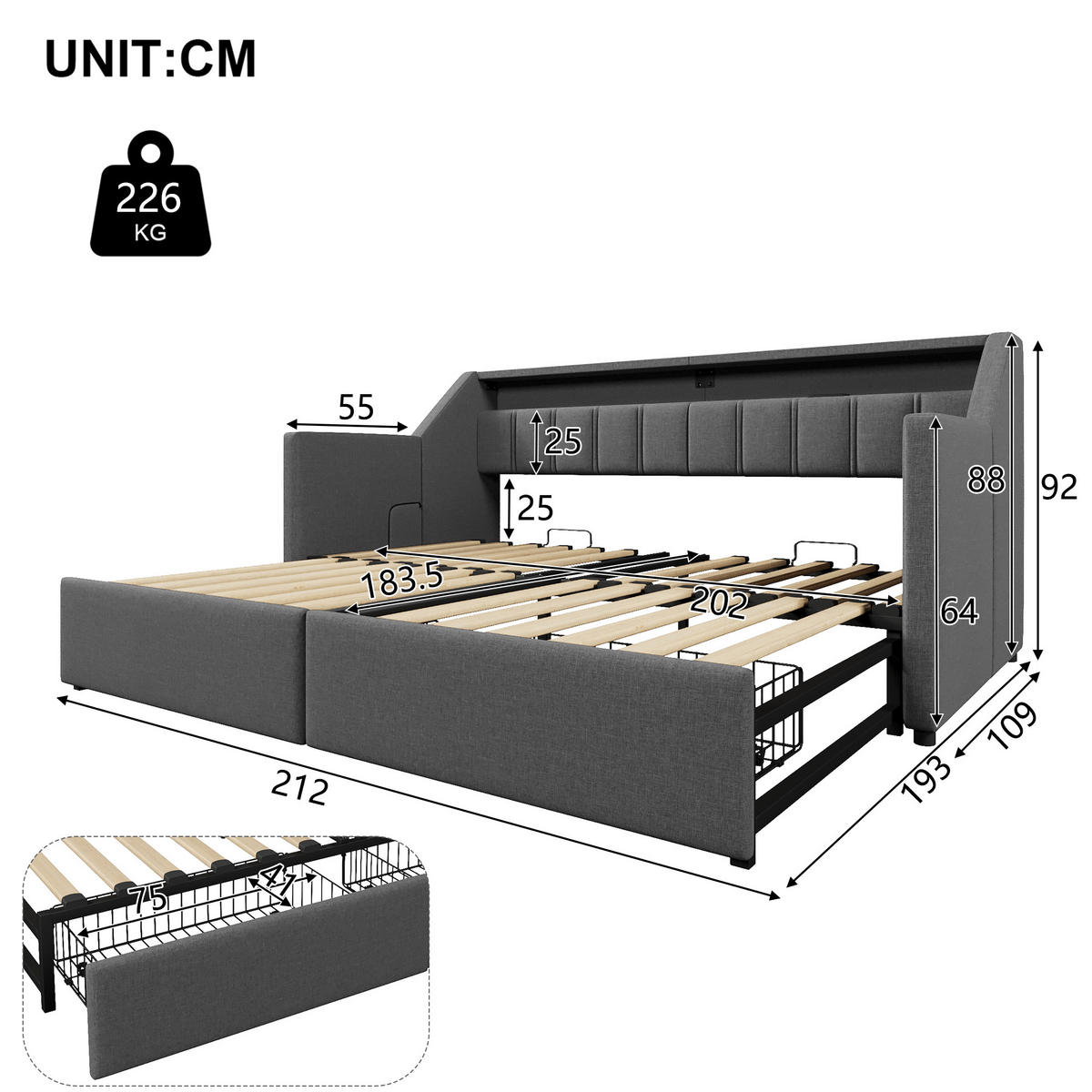 TAGEBETT 90x200cm Grau USB-C LED-Leiste 2 Schubladen Ausziehbett - Grau, Holz (90/200cm) - FLIEKS