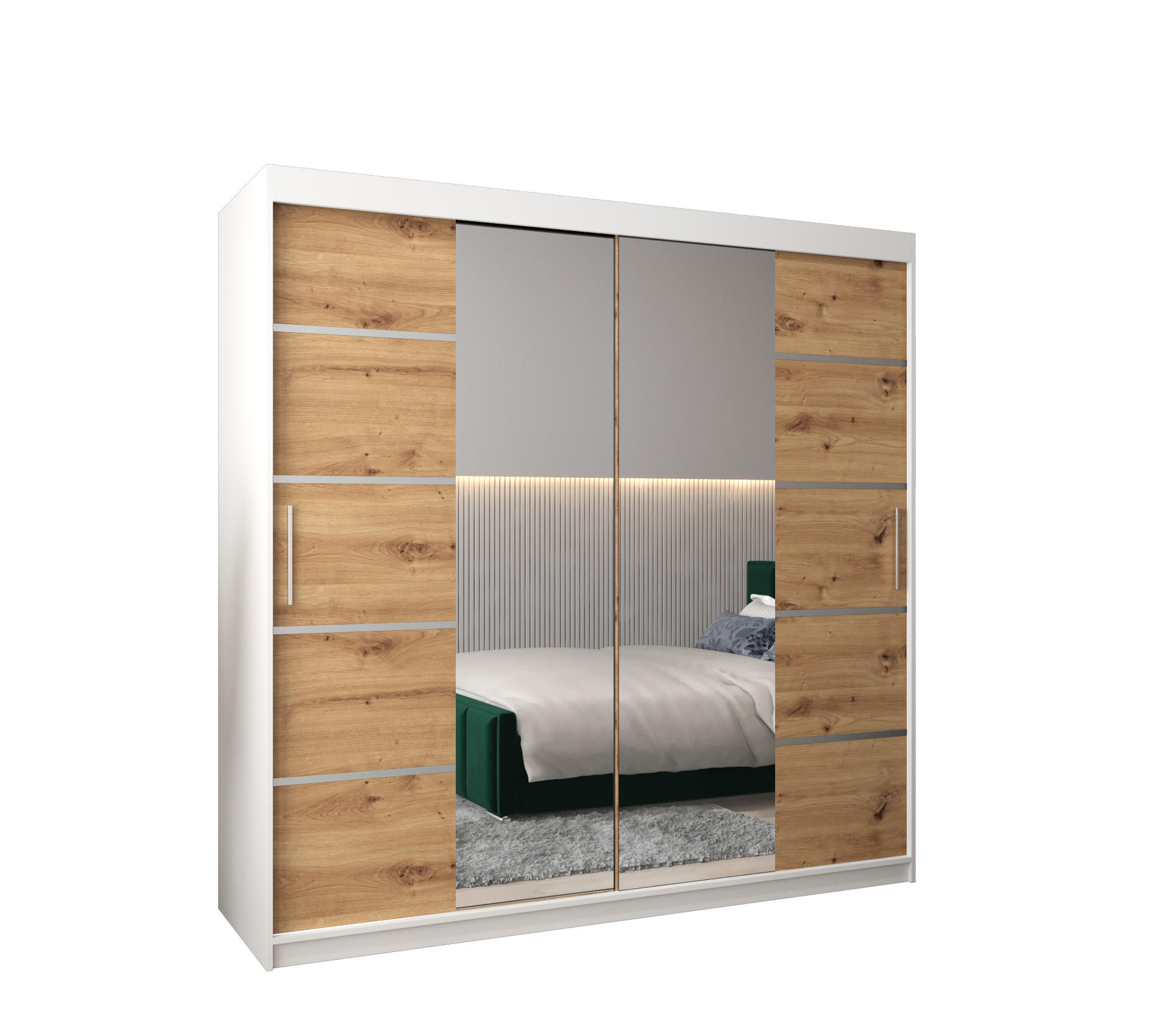 Abiks Möbel Schwebetürenschrank Weiß, Eiche Artisan, Silber 200x200x62 cm