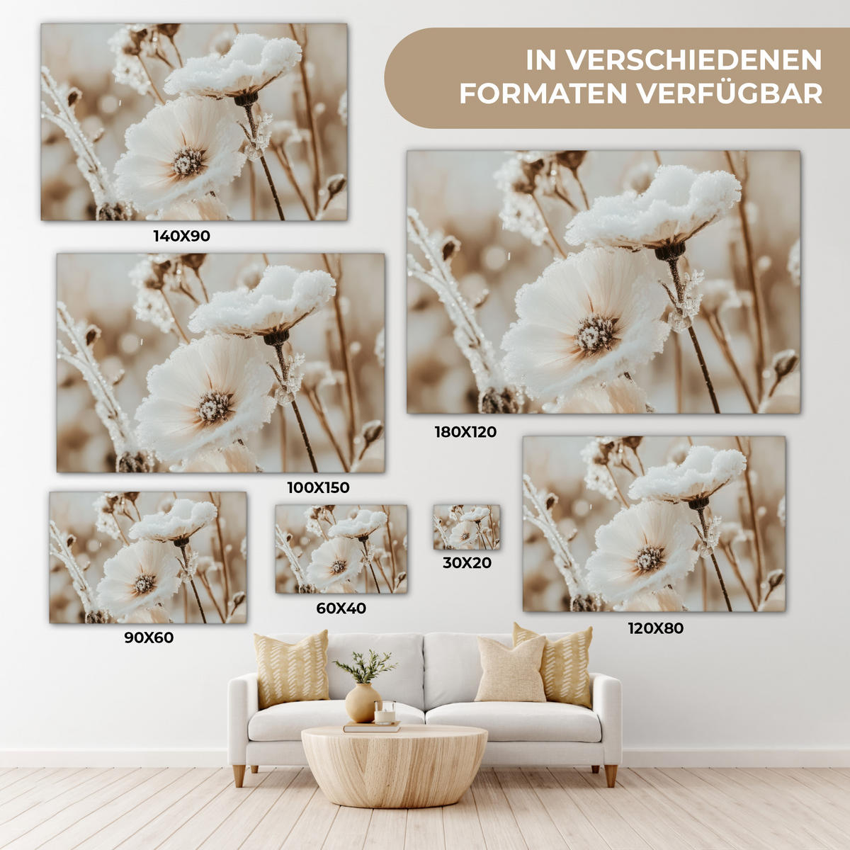 LEINWANDBILD Blumen - Winter - Weiß - Schnee - Beige Wanddeko 90x60 cm - Creme, Textil (90/60cm) - MuchoWow