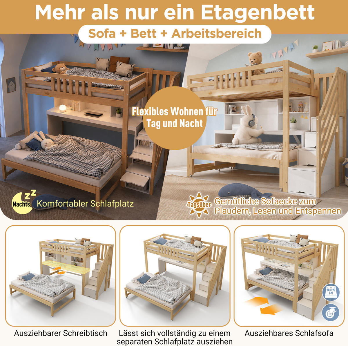 ETAGENBETT aus Kiefernholz 90x200 cm Weiß & Eiche mit Schreibtisch, Ausziehbett, Stauraum und Leiter - Eichefarben, Holz (90/200cm) - Modfu