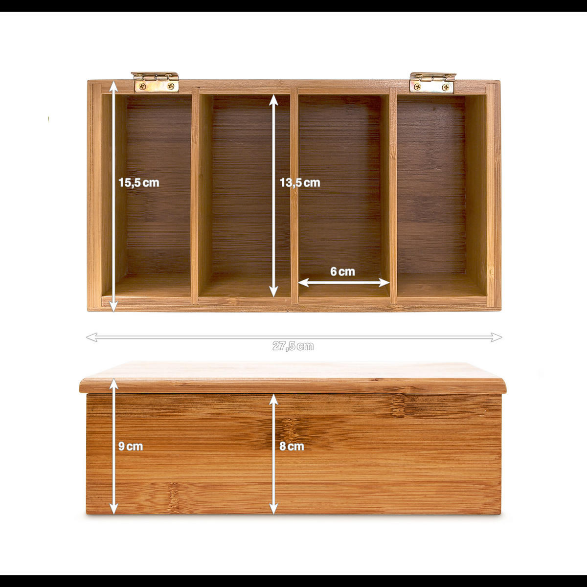 TEEBOX Natur Bambus lackiert 4 Fächer 27,5x15,5x9 cm - Hellbraun, Holz (16/9/28.5cm) - Relaxdays