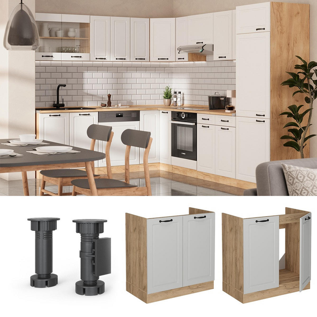 SPÜLENUNTERSCHRANK R-Line Weiß Landhaus 80 cm , AP Eiche - Honigeiche/Eiche Wotan, Holzwerkstoff (80/81.6/60cm) - Vicco