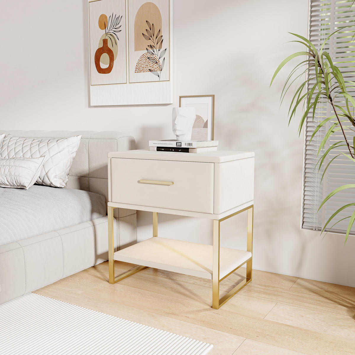 NACHTTISCH 40x31x50cm Modern mit Stauraum & Metallrahmen - Beige, Holzwerkstoff (31/50/40cm) - SHOPENTRA