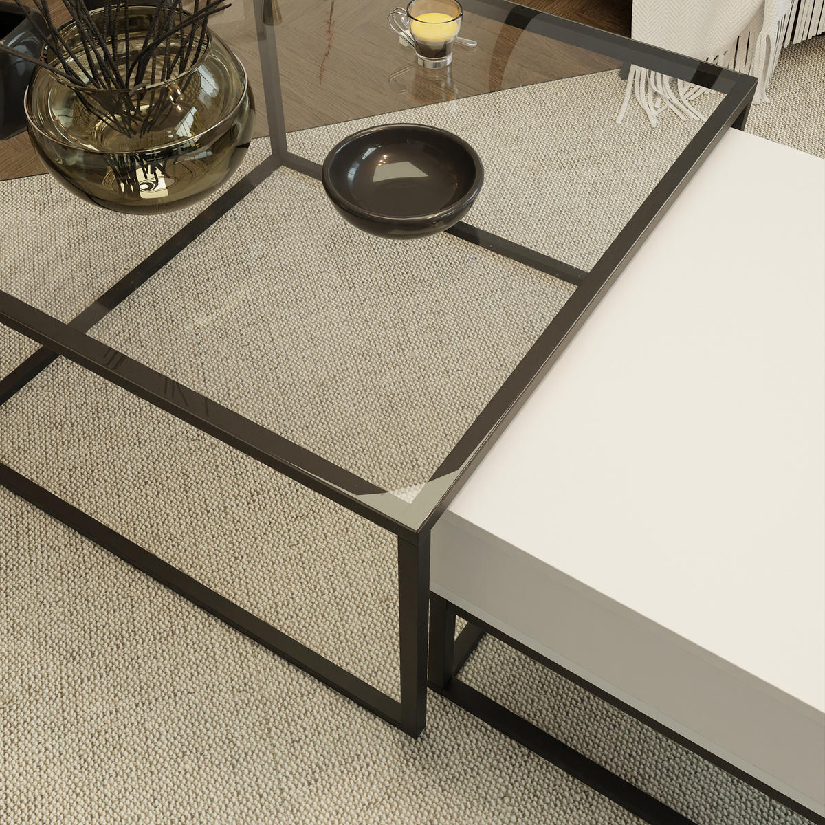 COUCHTISCH quadratisch Weiß, MDF/Glas Tischplatte, Rahmen Schwarz - Schwarz/Weiß, Glas/Holzwerkstoff (70/70/42cm) - Idohome