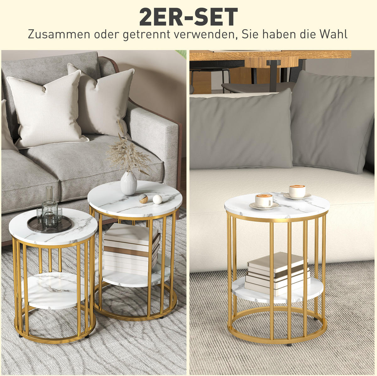 COUCHTISCH-SET 45/45/55 cm rund mit Ablagefach in Marmoroptik und Metallgestell, Weiß - Weiß, Holzwerkstoff (45/45/55cm) - Redom