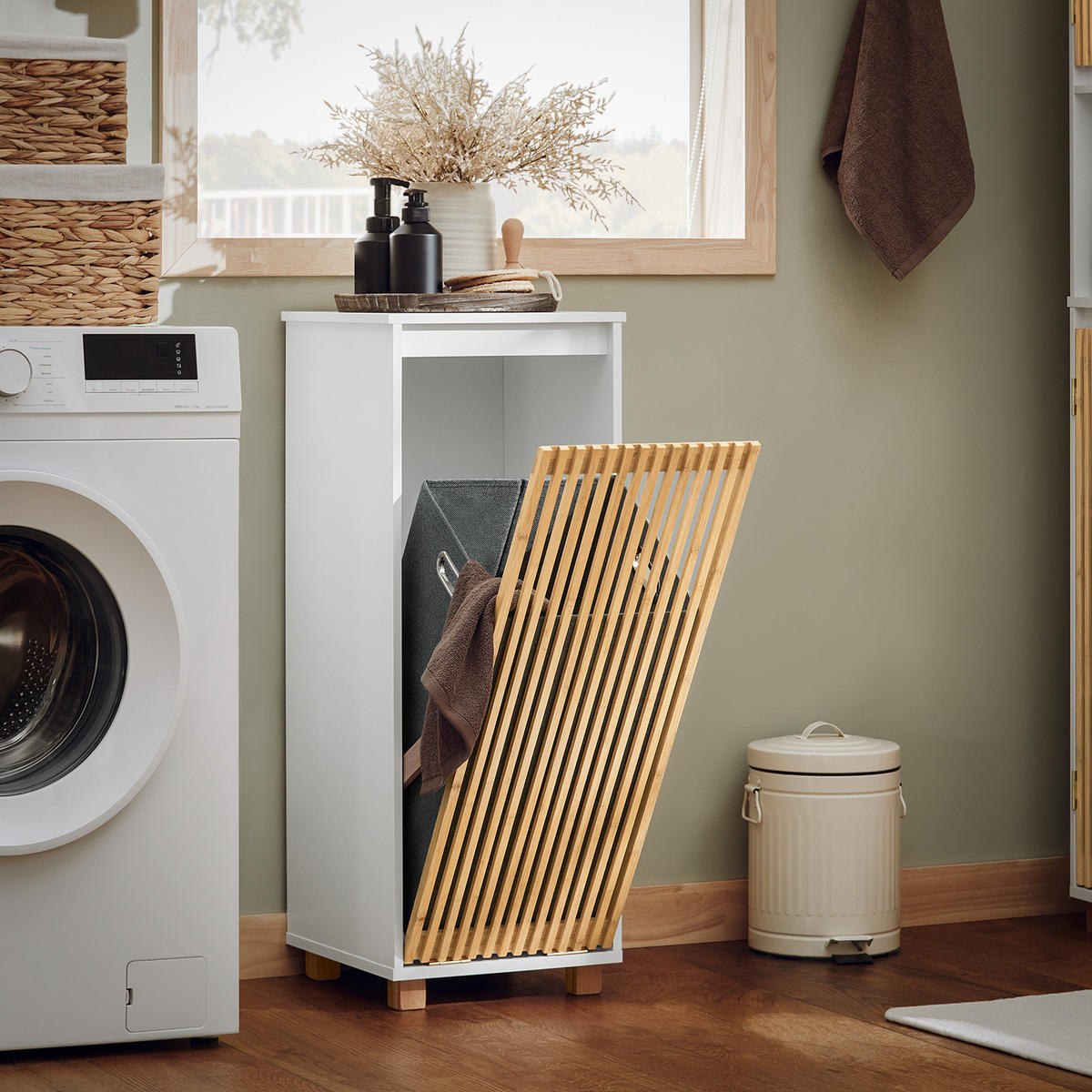 WÄSCHESCHRANK mit Wäschesack Weiß - Weiß/Naturfarben, Holz/Holzwerkstoff (32/85/33cm) - SoBuy
