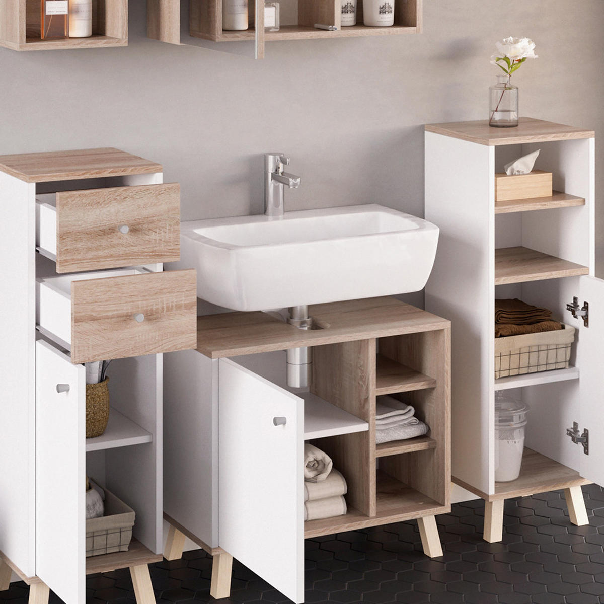 BADMÖBEL-SET Senyo Weiß 5 Teile, mit Regalen - Weiß/Sonoma Eiche, Holzwerkstoff (62/54/32cm) - Vicco