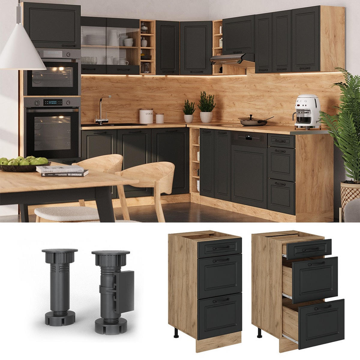 KÜCHENUNTERSCHRANK R-Line Anthrazit Landhaus 40 cm mit Schubladen, AP Marmor - Honigeiche/Anthrazit, Holzwerkstoff (40/81.6/60cm) - Vicco