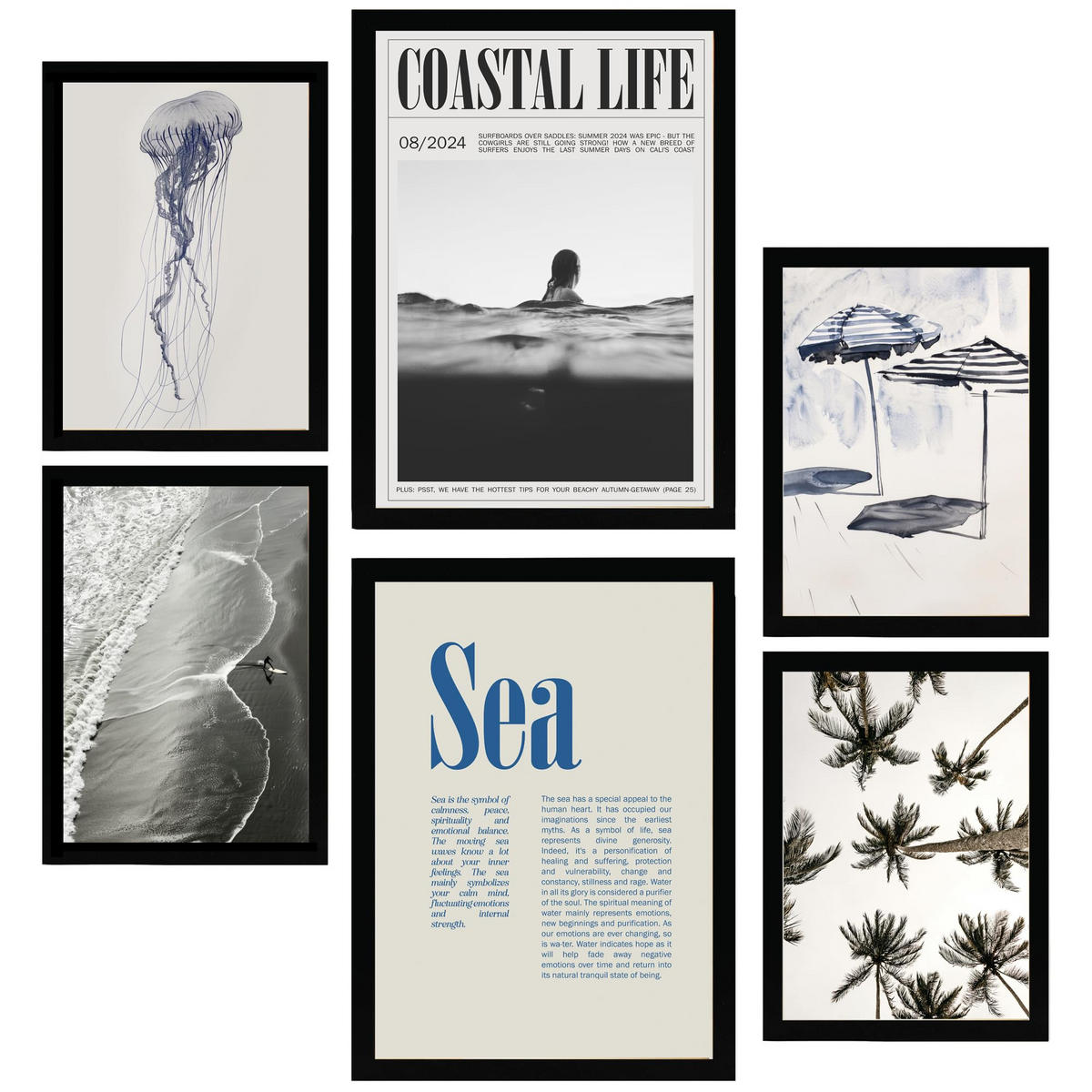 POSTER Set Mit 6 Marineblau Blau Meer & Sommer A3 & A4 Schwarzer Rahmen - Schwarz, Papier (29/3cm) - Nacnic