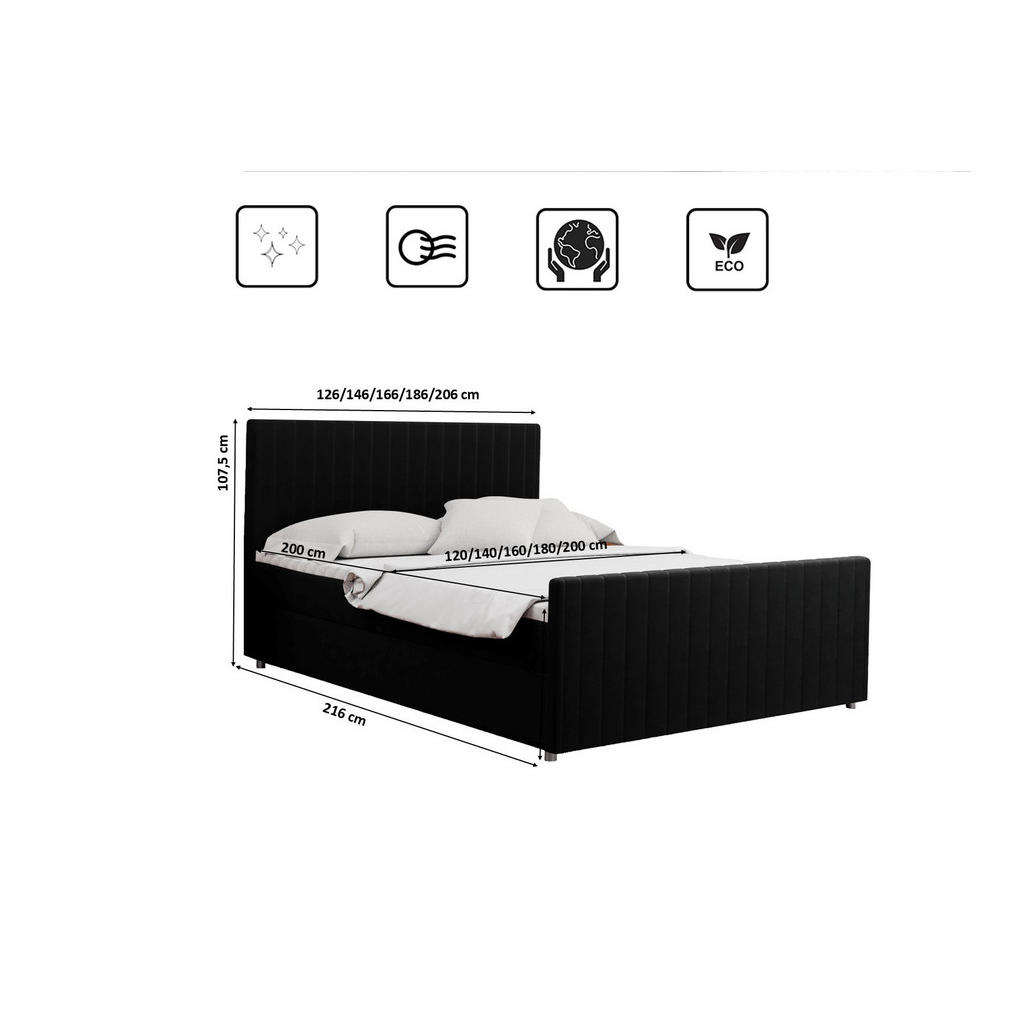 Thumbnail - Kaiser Möbel Boxbett, Schwarz, Textil, 2 Schubladen, H3, Höhe ca. 20 cm, einzeln stellbar,Rechteckig, 140x200 cm, Schlaf...