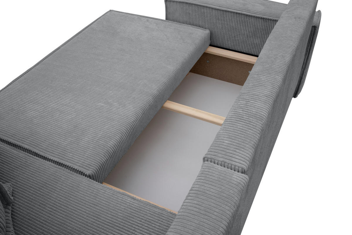 ECKSOFA Hugo L in L-Form mit Schlaffunktion und Bettkasten, Farbe: Dunkelgrau, Cordstoff, Ottomane Unsiversal - Dunkelgrau, Textil (244/145cm) - VENASI MÖBEL