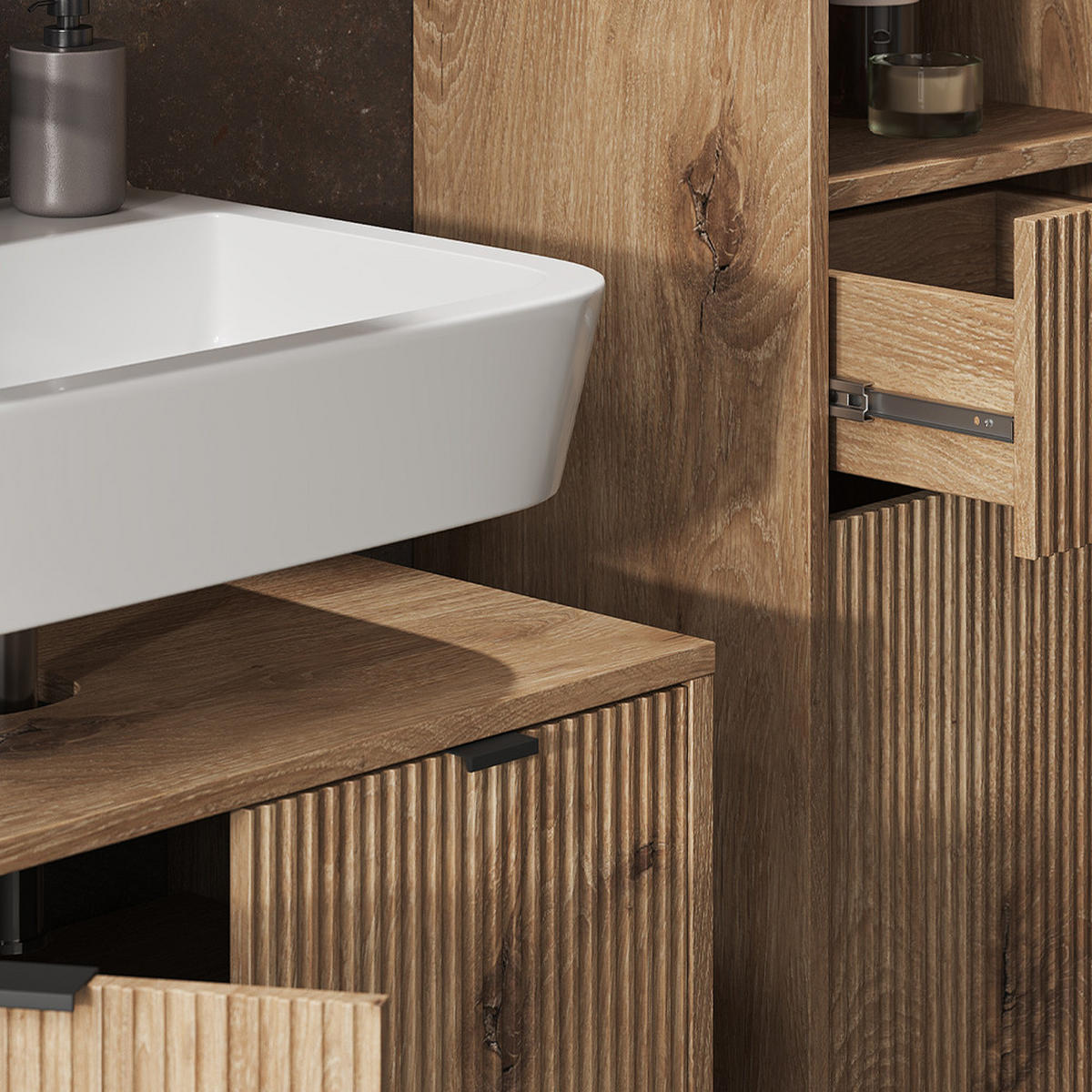 BADMÖBEL-SET Eliza Viking Oak 3 Teile, mit Hochschrank - Eiche Wotan, Holzwerkstoff (70/63/45cm) - Vicco