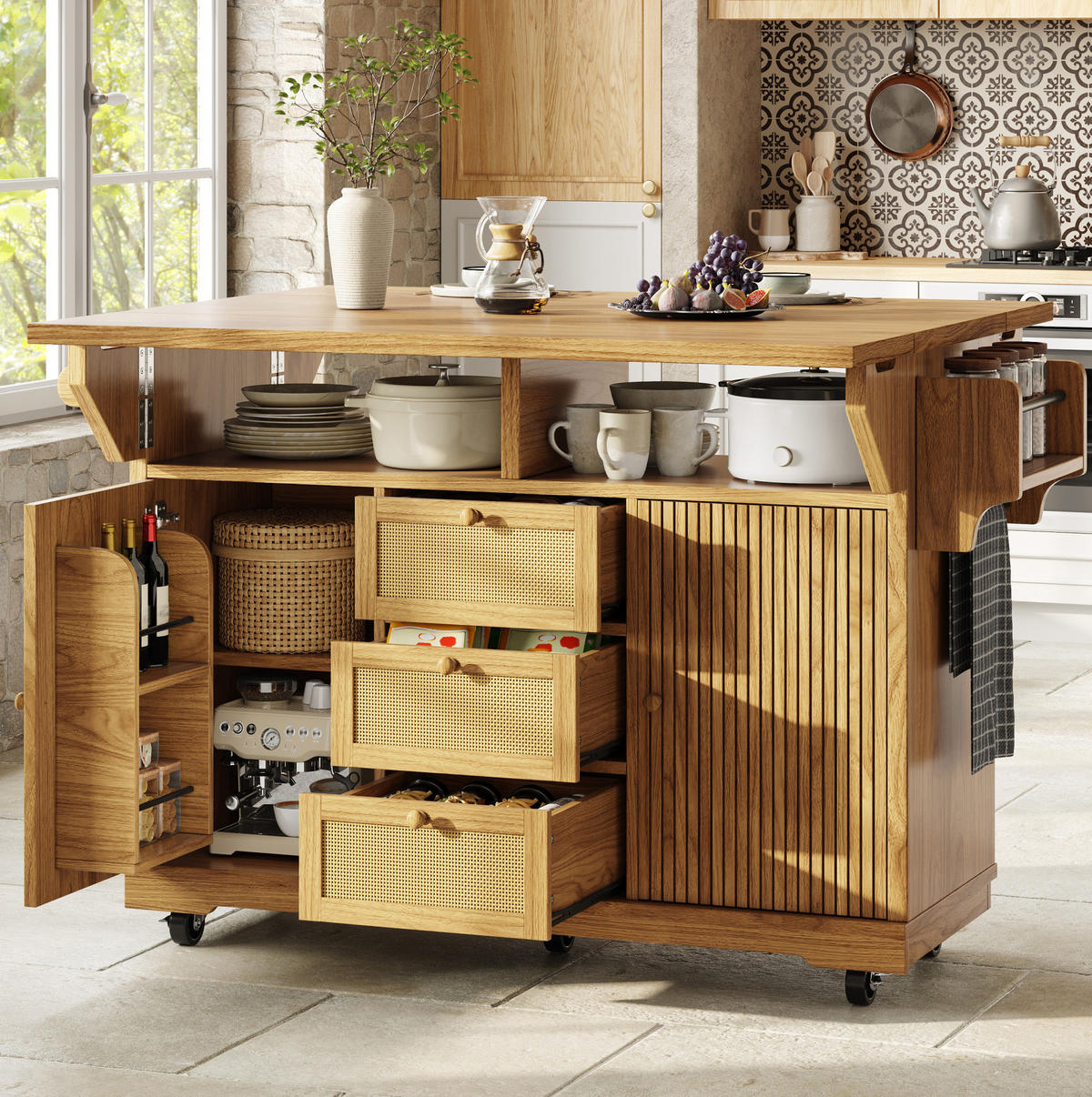 SERVIERWAGEN ausklappbar 142,5 x 80 x 95 cm Naturholz - Naturfarben, Holz (80/95/142.5cm) - Beauniv