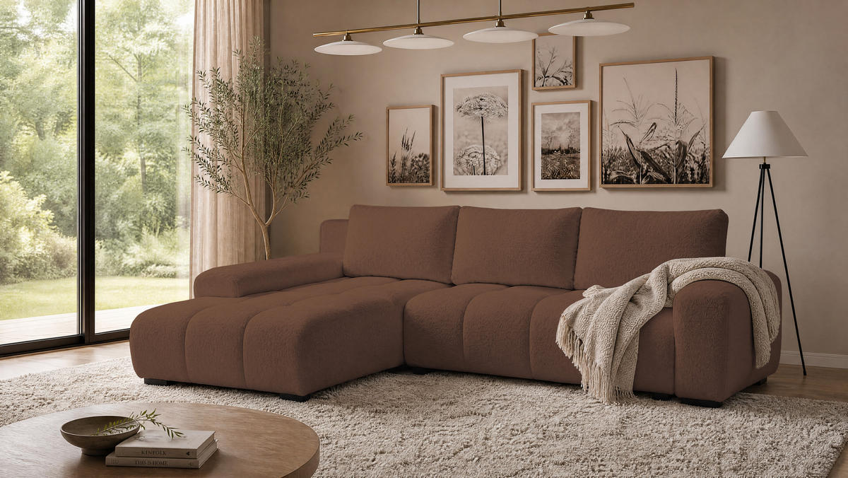 ECKSOFA Ovia mit Bettkasten und Schlaffunktion, Bouclé-Stoff in L-Form - Braun, Textil (270/185cm)