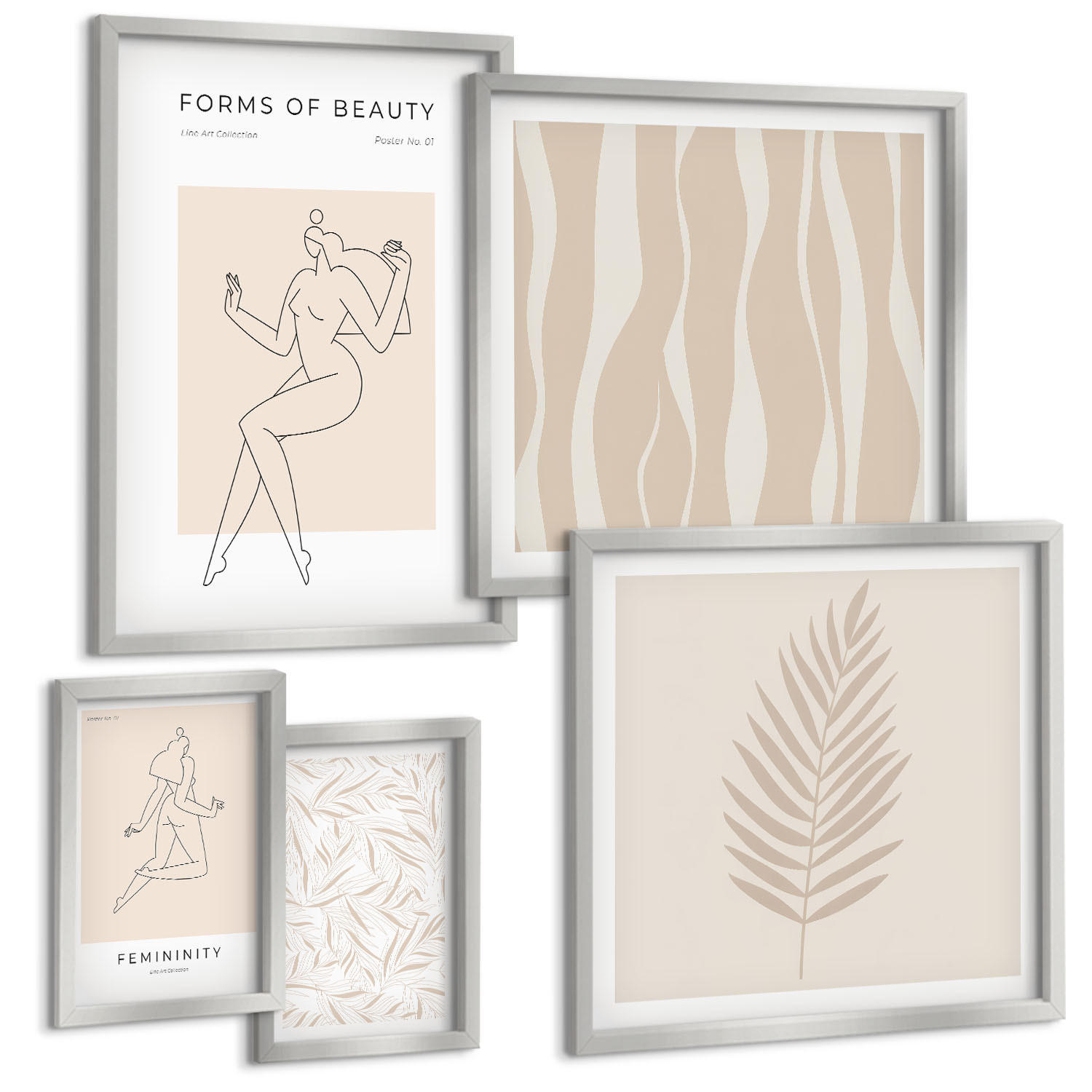 BILDER SET 5er Set - 50x50 cm & 20x30 cm & 40x60 cm Silberner Rahmen - Minimalistische Pflanzenmotive - Silberfarben, Kunststoff (40/60cm) - TULUP