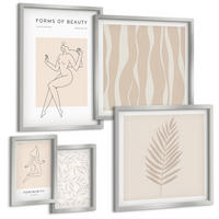 BILDER SET 5er Set - 50x50 cm & 20x30 cm & 40x60 cm Silberner Rahmen - Minimalistische Pflanzenmotive - Silberfarben, Kunststoff (40/60cm) - TULUP