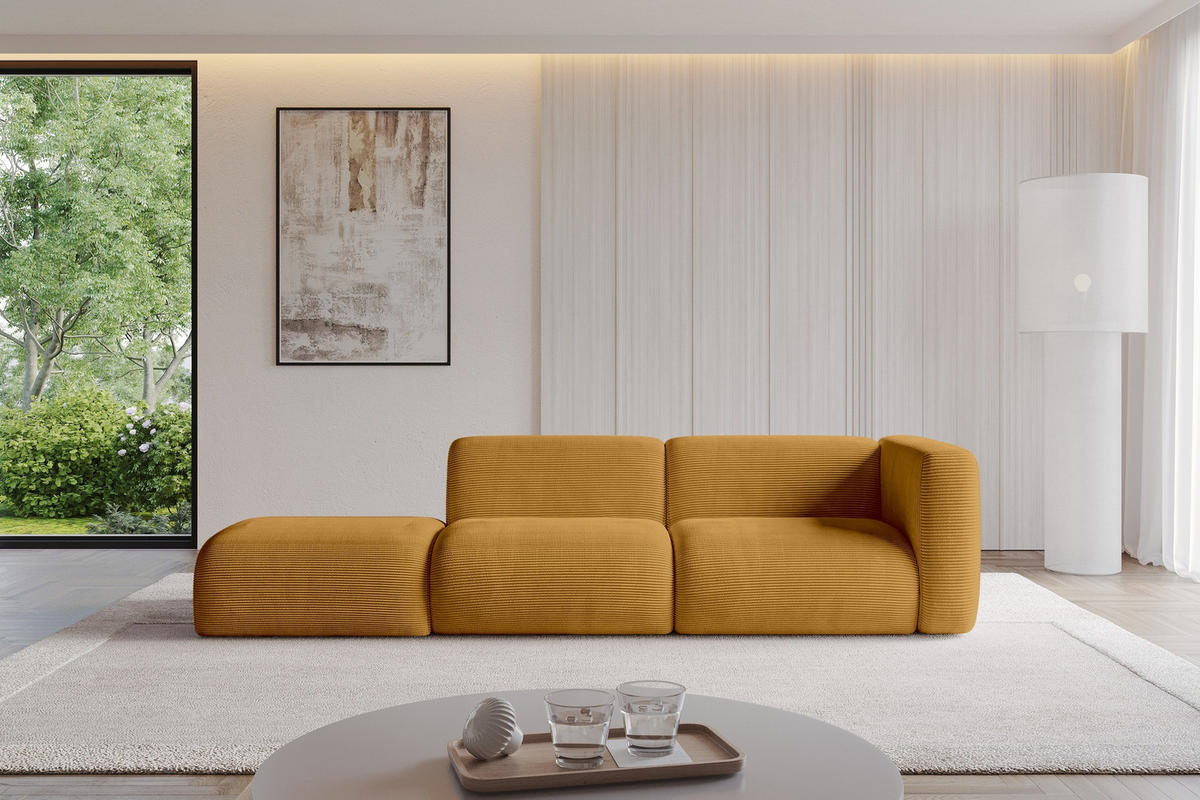 SOFA Ottomane Rechts MIRA-S3 296x89x70 Senfgelb Cord - Currygelb/Schwarz, Holzwerkstoff/Kunststoff (296/70/89cm) - ALTDECOR