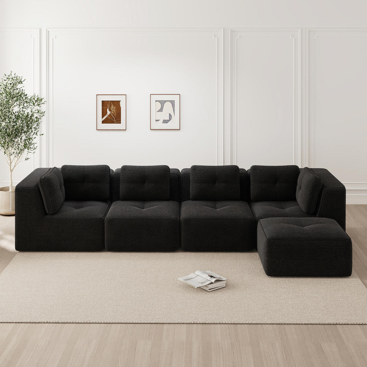 ECKSOFA modular mit tiefer Sitzfläche Cord Schwarz - Schwarz, Kunststoff (177/386.1cm) - Meubliv