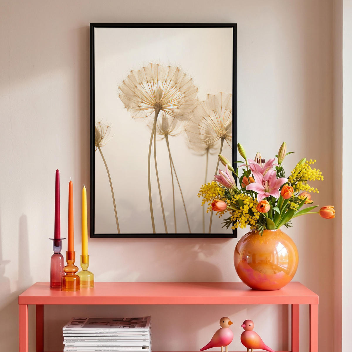LEINWAND Bilder mit Rahmen - Sonnenlicht - Löwenzahn - Botanisch - Blumen - 40x60 - Creme, Textil (40/60cm) - MuchoWow