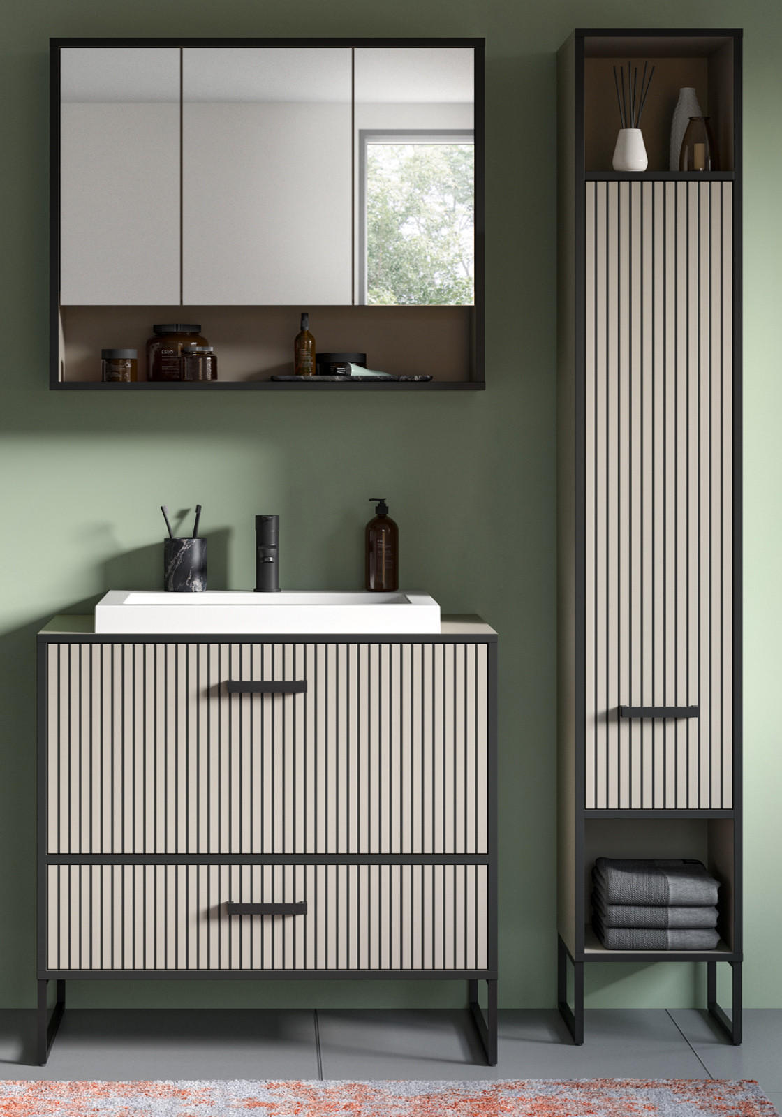 BADMÖBEL-SET schwarz, sand mit Waschbecken 125 cm, Kombination mit Soft-Close - Sandfarben/Schwarz, Glas/Keramik (125/192/48cm) - Inn.Furn