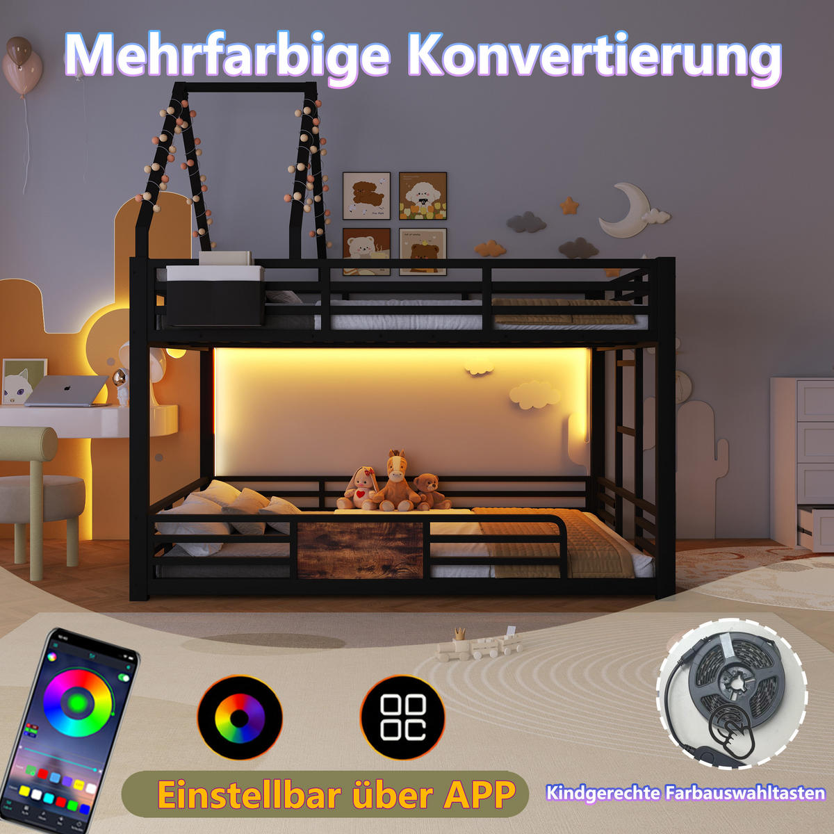 ETAGENBETT 140x200 cm mit LED-Beleuchtung, Hausbett-Design- Schwarz - Schwarz, Metall (140/200cm) - KOMHTOM