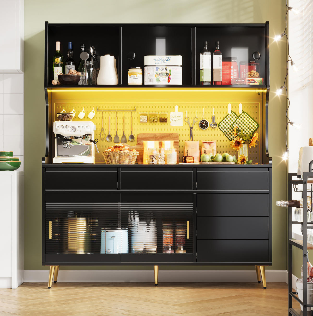 BUFFET 145/39/171 cm schwarz aus MDF und Glas mit LED-Beleuchtung - Schwarz, Holzwerkstoff (145/171/39cm) - OKWISH