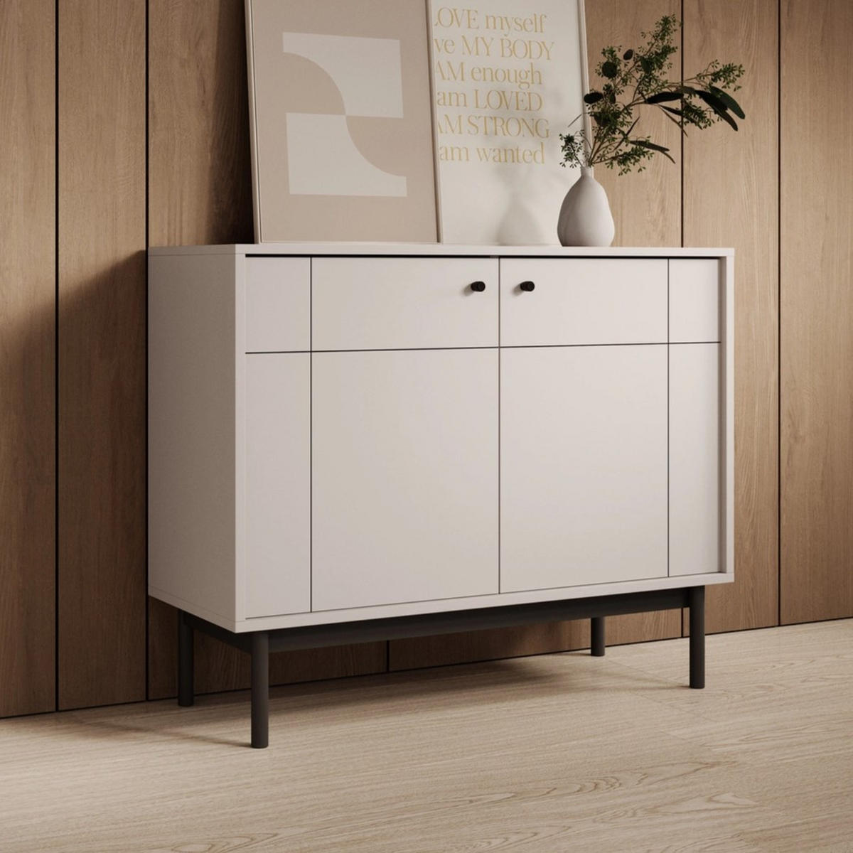KOMMODE SORA K2D (Cashmere, Gefräste Front, Haefele Soft-Close, Holzfüße) - Kaschmir/Schwarz, Holz/Holzwerkstoff (104/83/39cm) - Ravio