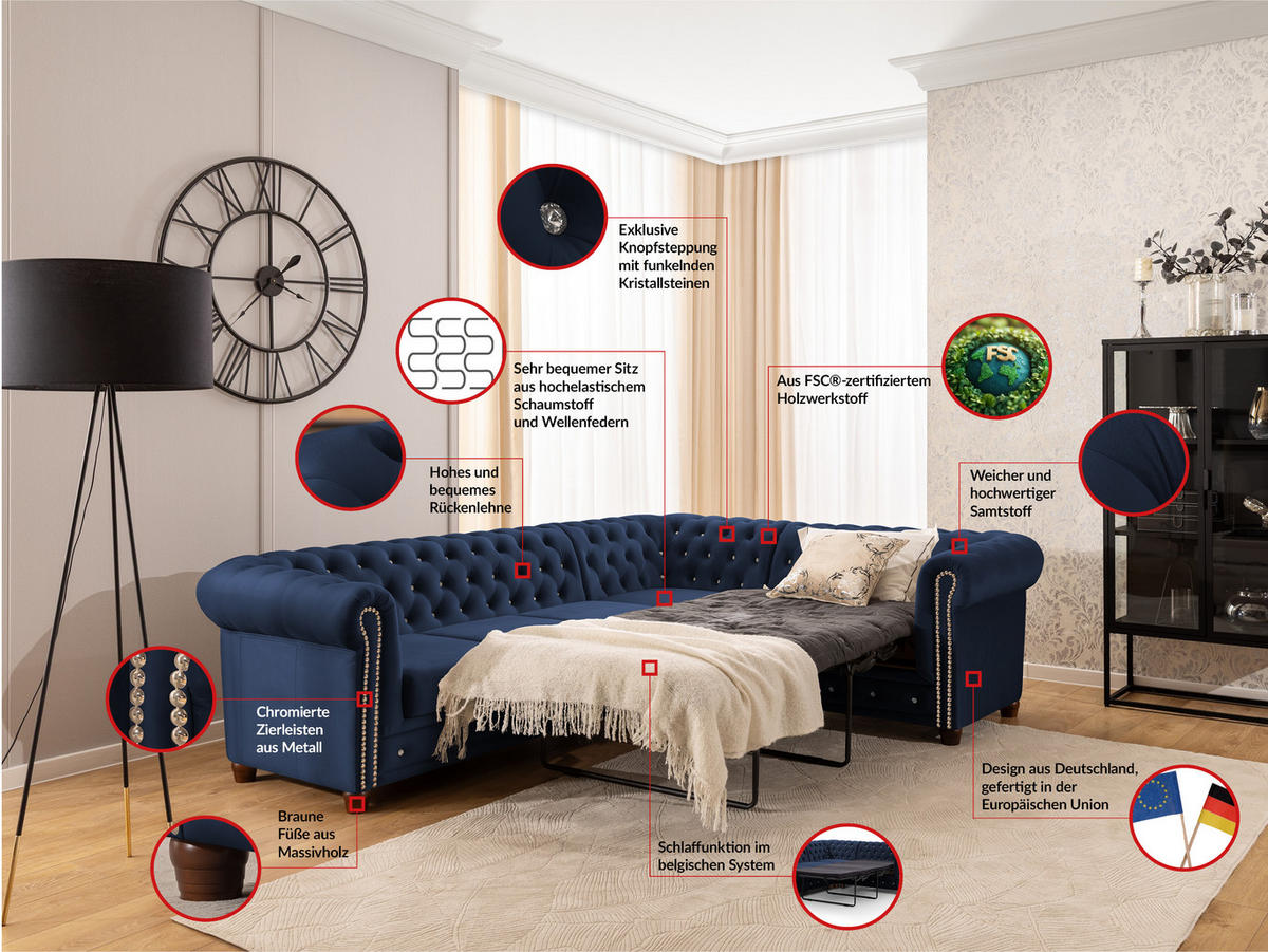 ECKSOFA mit Schlaffunktion Chesterfield Marineblau Samt mit Kristallsteppung und braunen Massivholzfüßen - Ottomane Rechts - Blau/Braun, Holz/Textil (264/210cm) - S-Style Möbel