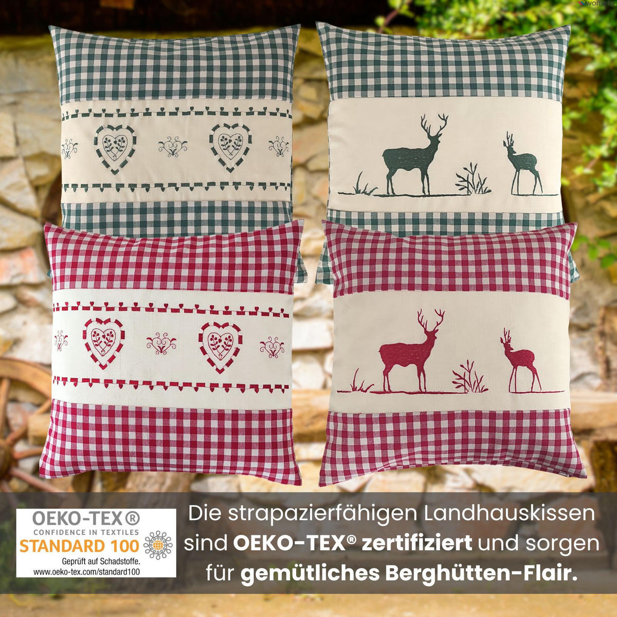 DEKOKISSEN Hirsch grün 40/40 cm Landhaus-Stil mit Reißverschluss inkl. 100% Federkissen - Grün, Textil (40/40cm) - wometo