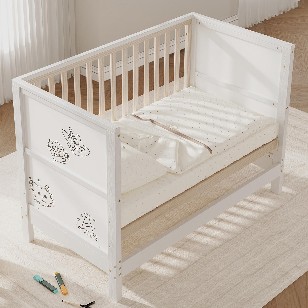 BABYBETT 60/120 cm in Natur/Weiß Massivholz mit bemalbaren Tafeln, 3-fach höhenverstellbar - Weiß/Naturfarben, Holz/Holzwerkstoff (60/120cm) - WISHDOR