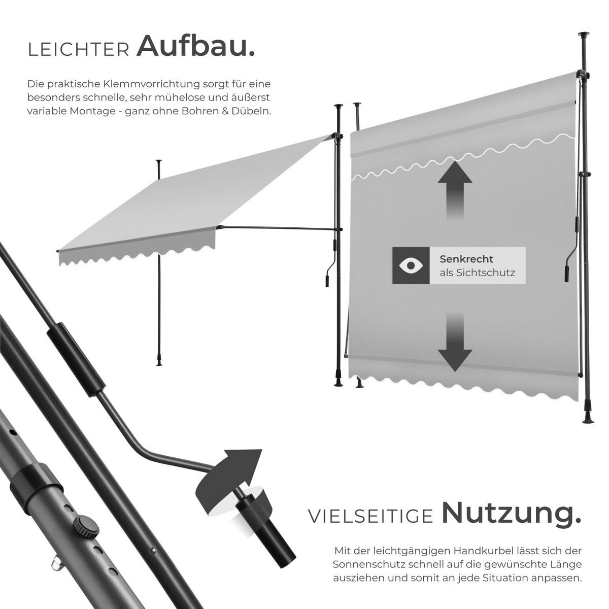 KLEMMMARKISE ,einfache Montage,hellgrau - Hellgrau, Kunststoff (250/304/180cm) - tectake