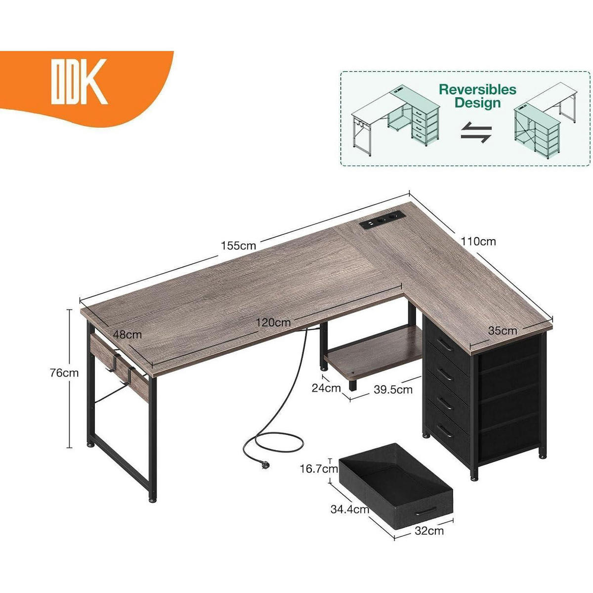 ECKSCHREIBTISCH mit Steckdose und USB-Anschluss 155 x 110 cm - Grau, Holzwerkstoff (110/155/76cm)