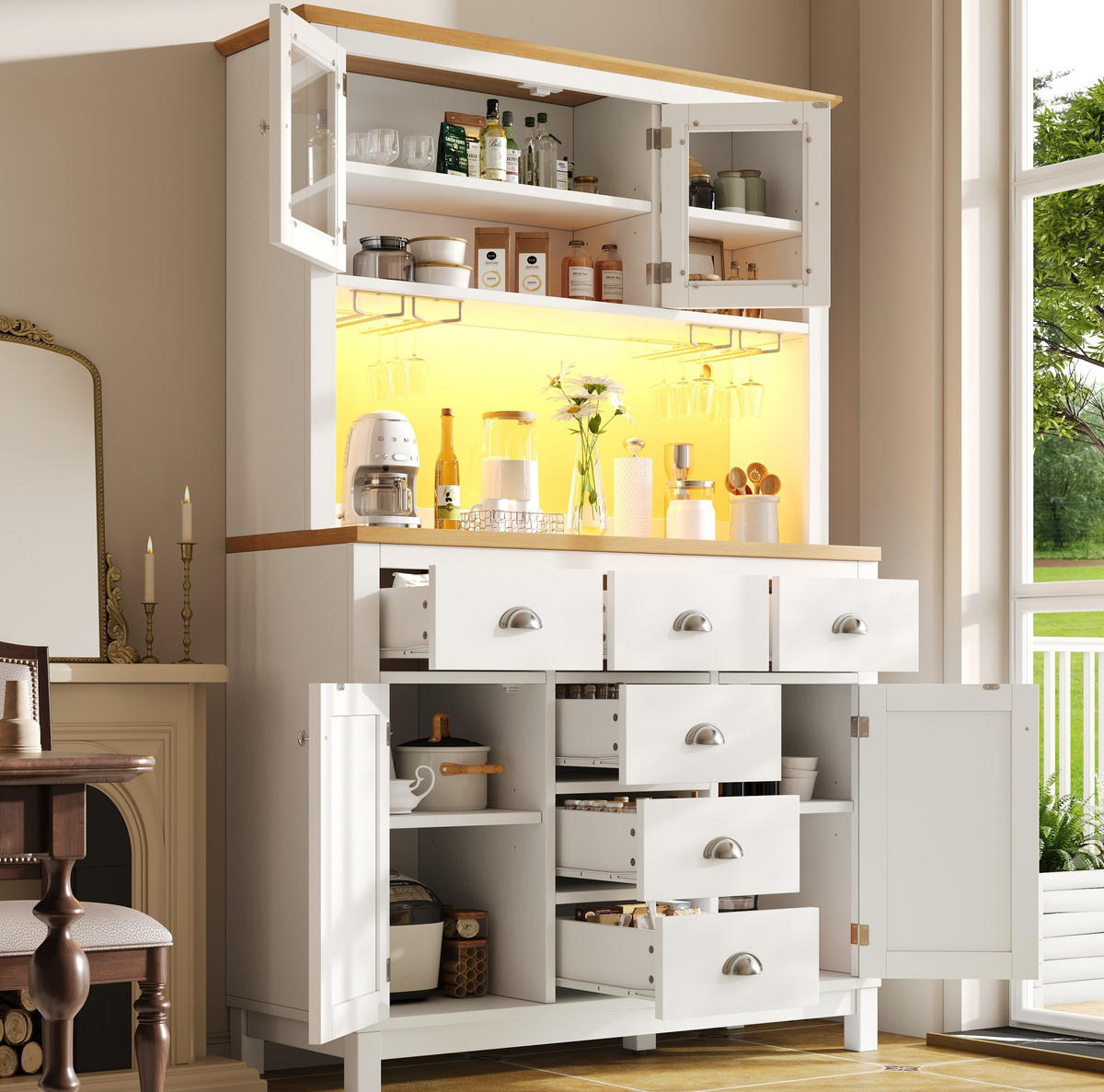 BUFFET 104/40/180 cm s LED osvětlením, velkým úložným prostorem a ochranou proti převrácení, Bílá - bílá, kompozitní dřevo (104/180/40cm) - Redom