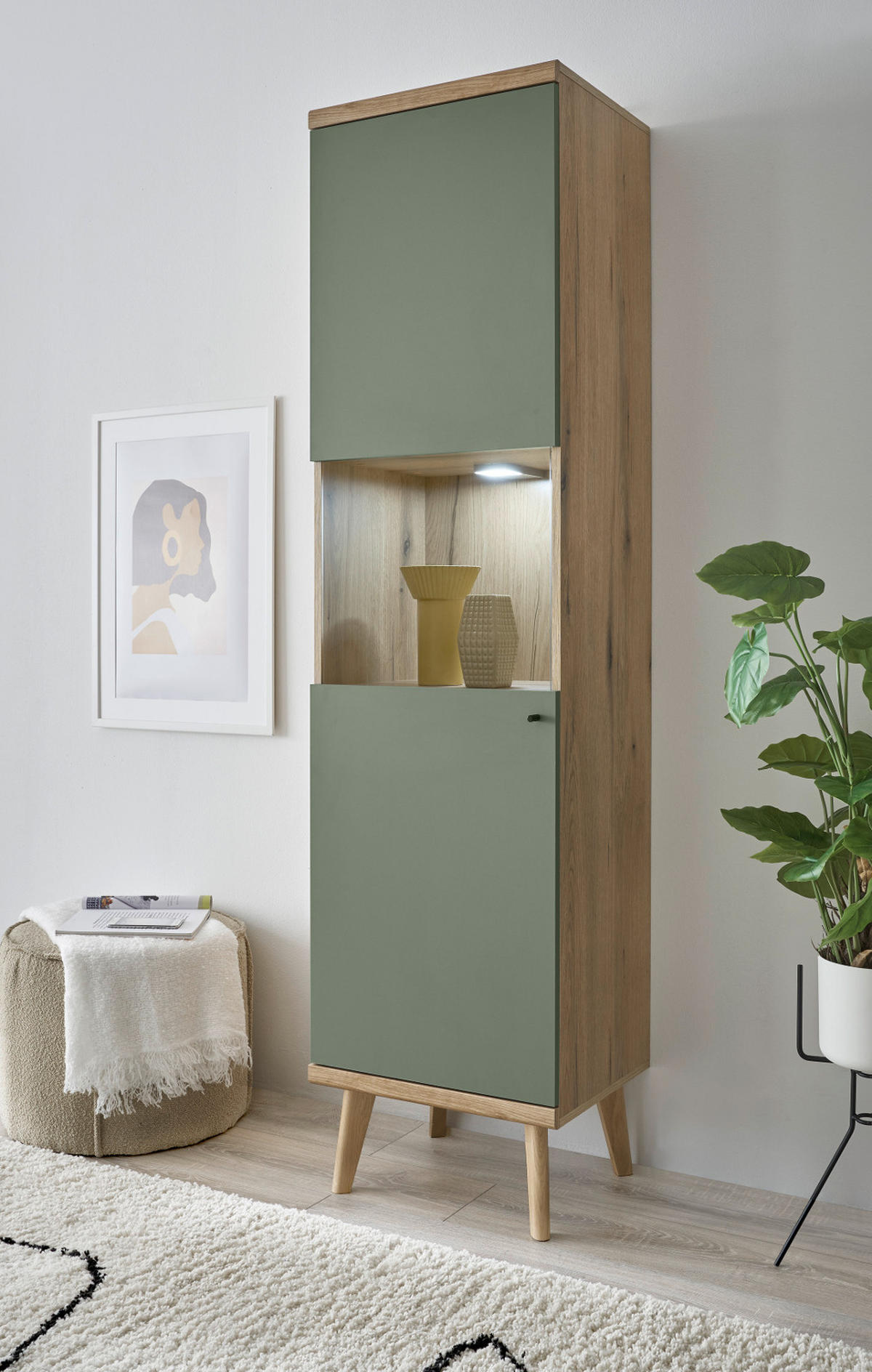 VITRINE Salbei, Eiche Evoke, skandinavisch 50 x 197 cm, Vitrinenschrank mit Stauraum - Salbeigrün/Eichefarben, Glas/Holz (50/197/40cm) - Furn.Design