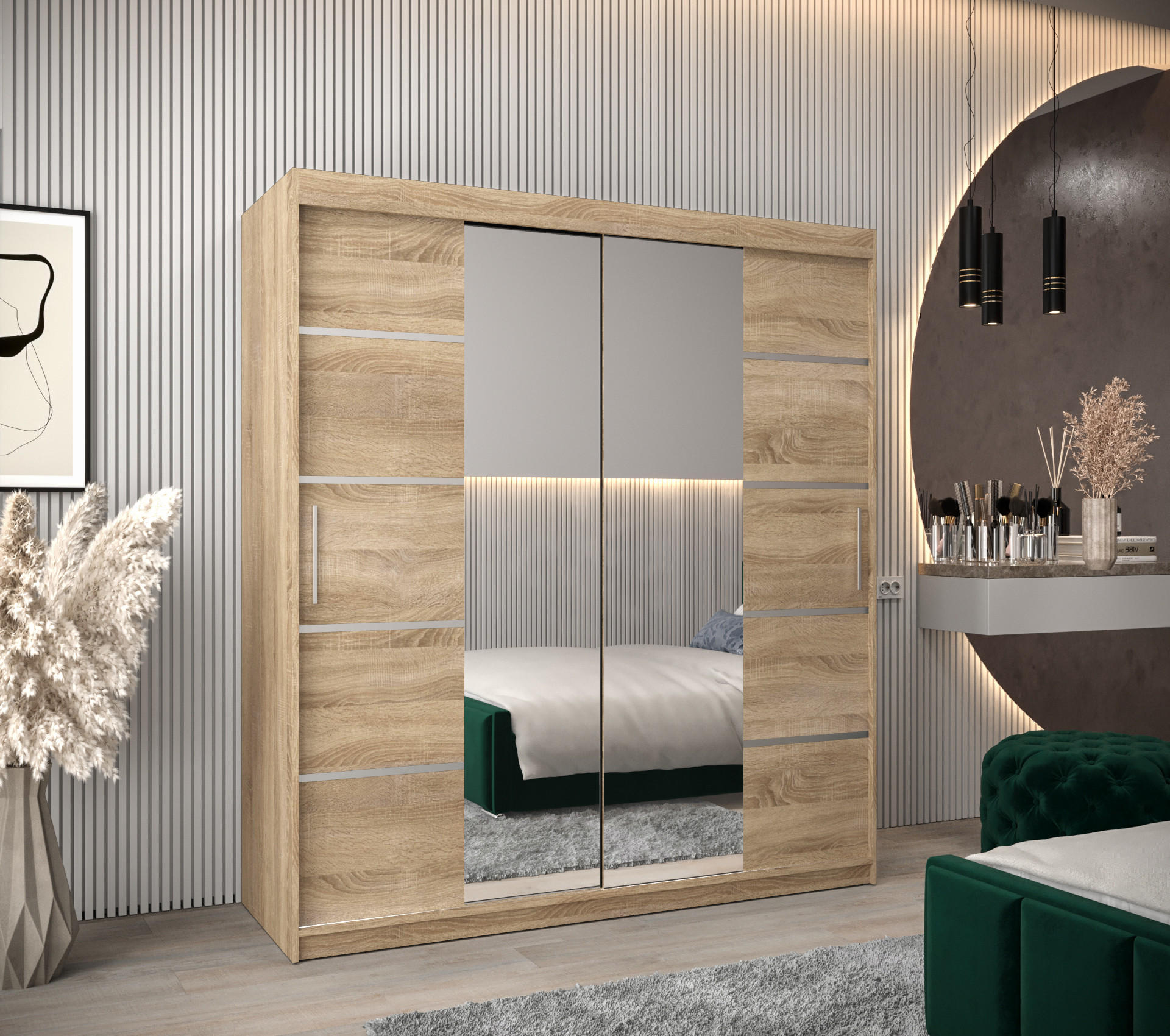 SCHWEBETÜRENSCHRANK 200/180/62 2-türig - Silberfarben/Sonoma Eiche, Holz/Kunststoff (180/200/62cm) - MÖBEL KRYSPOL