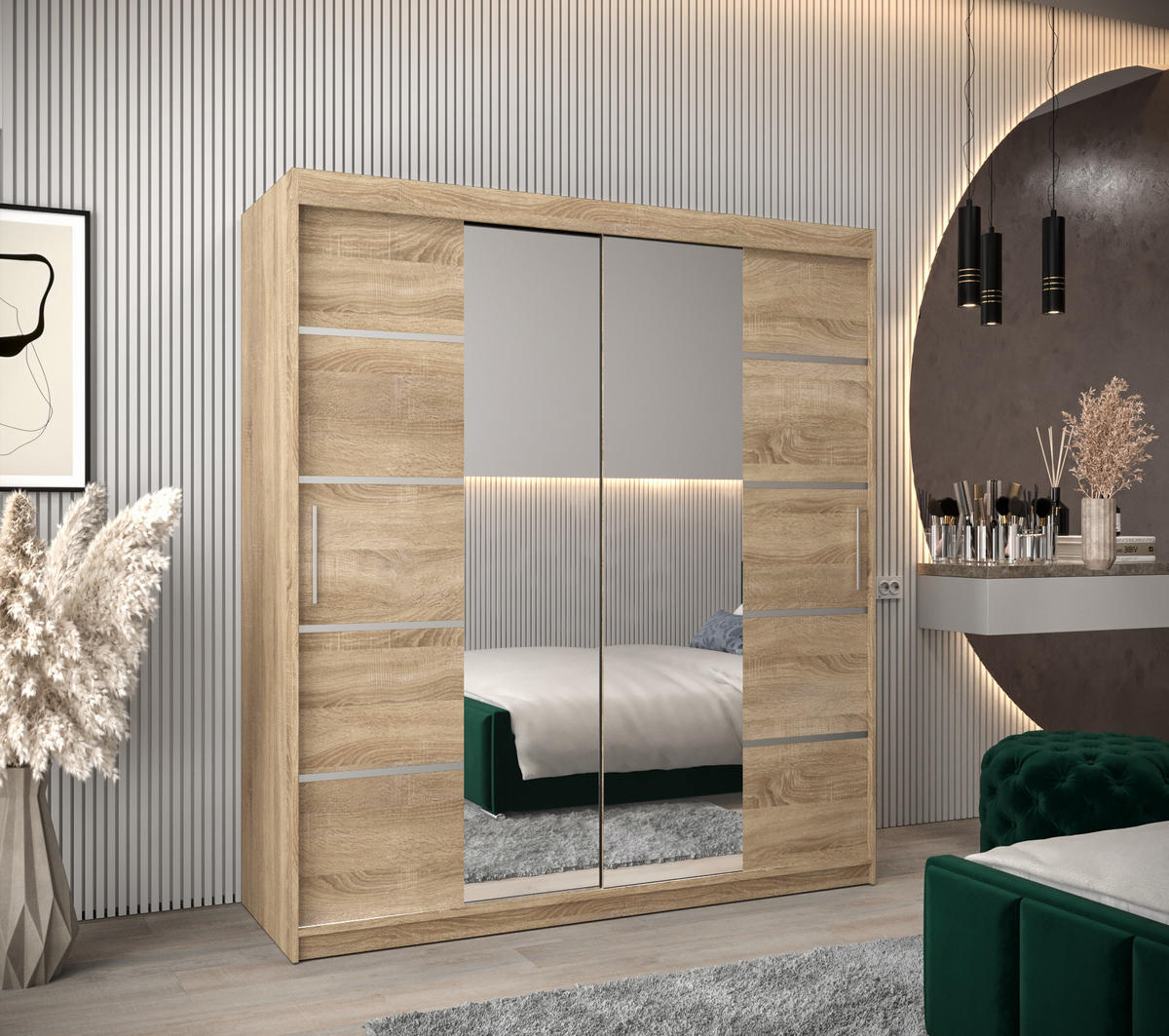 SCHWEBETÜRENSCHRANK 200/180/62 2-türig - Silberfarben/Sonoma Eiche, Holz/Kunststoff (180/200/62cm) - Abiks Möbel