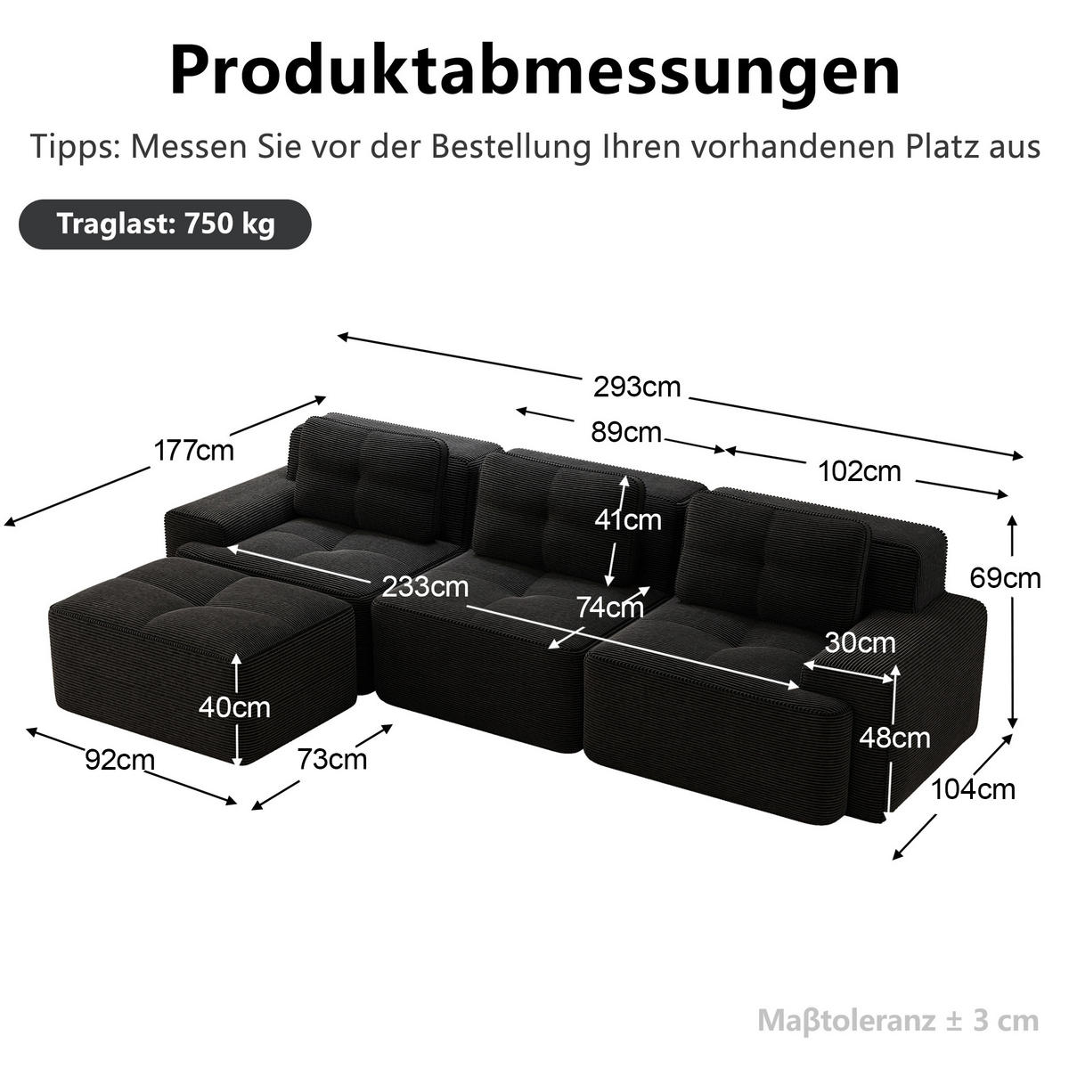 ECKSOFA 293/177/69 cm Schwarz mit Ottoman - Schwarz, Textil (293/177cm) - Oxeza