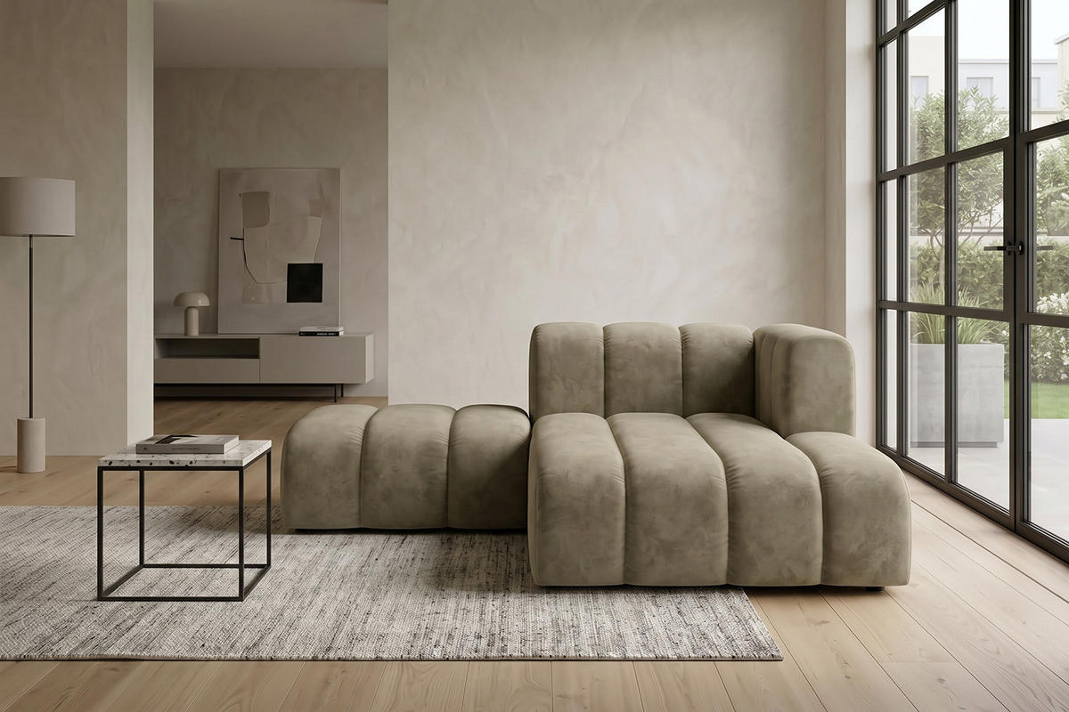 CHAISELONGUE Modulare Mit Hocker, Velvet-Stoff Riviera, Beige, Rechts, GRAND - Beige, Holz (204/179cm) - Kaiser Möbel